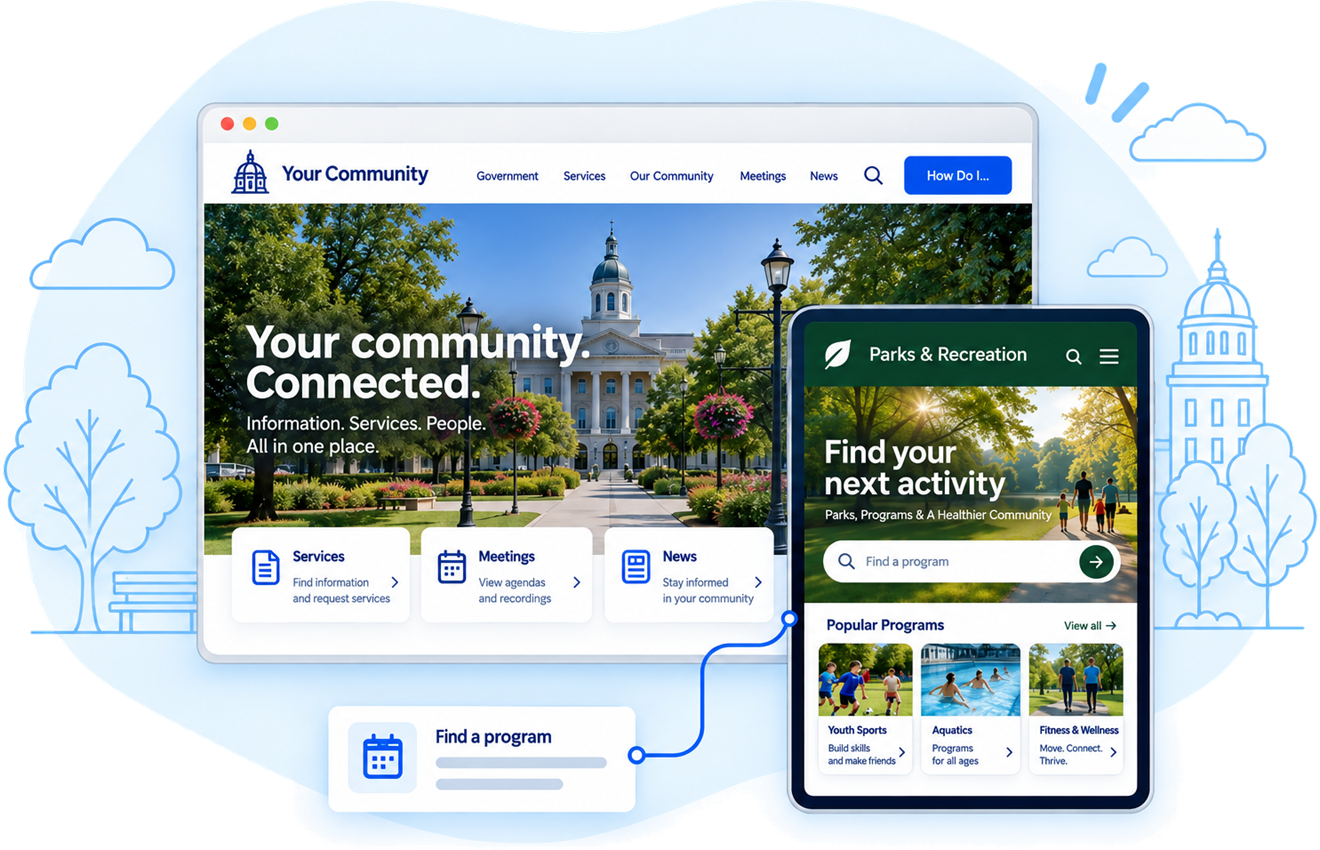 Two website concepts: a municipal homepage on a desktop, with services, meetings and news, and a parks and recreation site on a tablet, with a program search and popular programs.