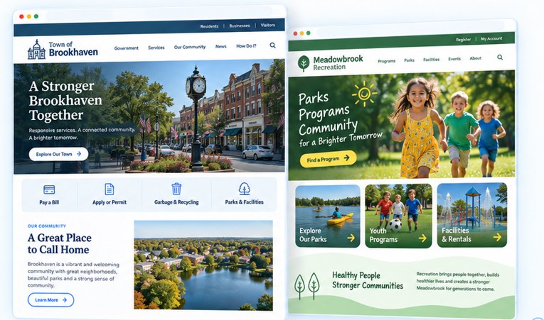 Two website design concepts side by side: a town homepage with quick links to paying a bill, permits, recycling and parks, and a recreation site with program, park and facility cards.