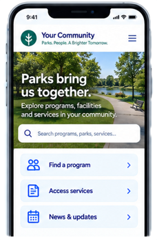 A community website on a phone, with a search for programs, parks and services and links to find a program, access services and read news and updates.