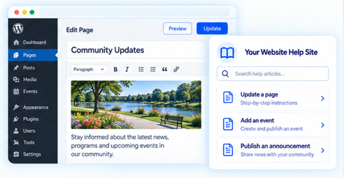 The WordPress editor open on a community updates page, beside a help site offering step-by-step articles on updating a page, adding an event and publishing an announcement.