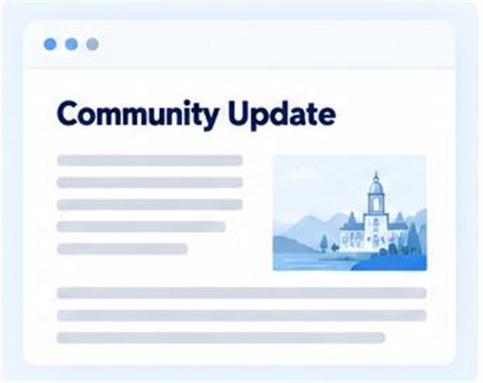 A community update page showing a headline, body text and an illustration of the city.