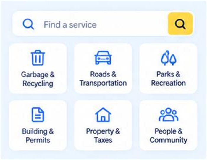 A city website service finder with a search field and tiles for garbage and recycling, roads and transportation, parks and recreation, building and permits, property and taxes, and people and community.