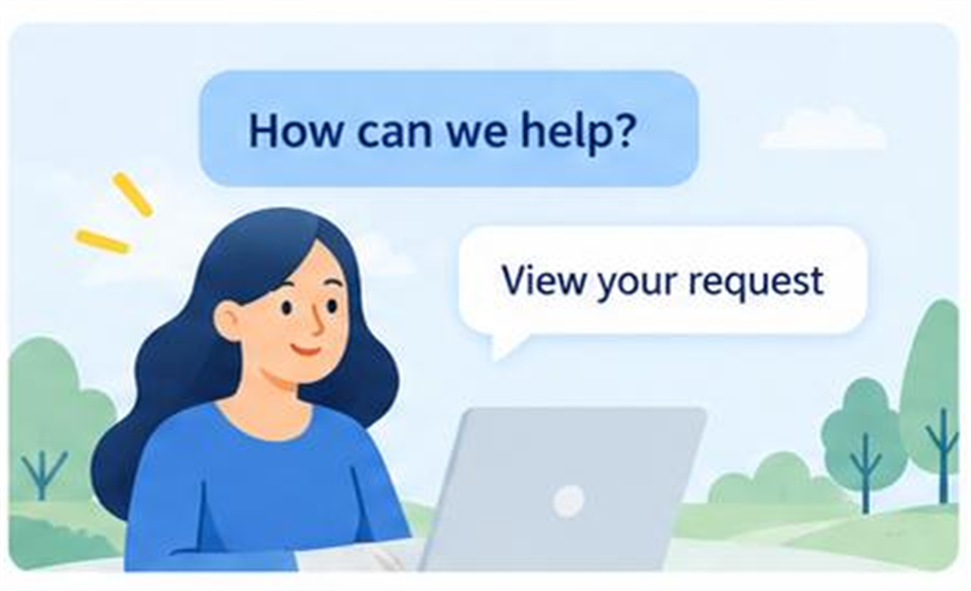 An illustration of a resident at a laptop, with a “How can we help?” prompt and a link to view their request.