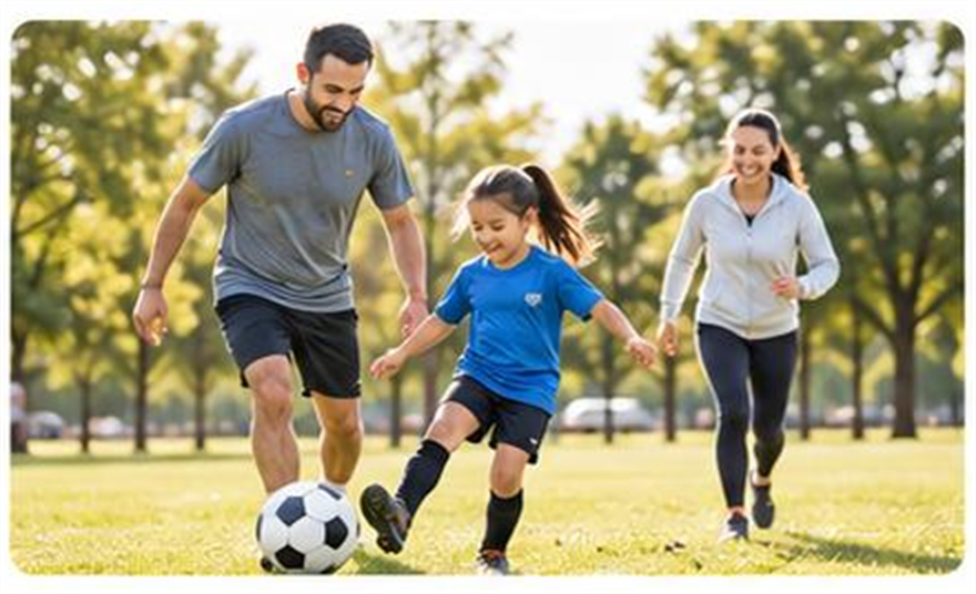 A family playing football together in a park.