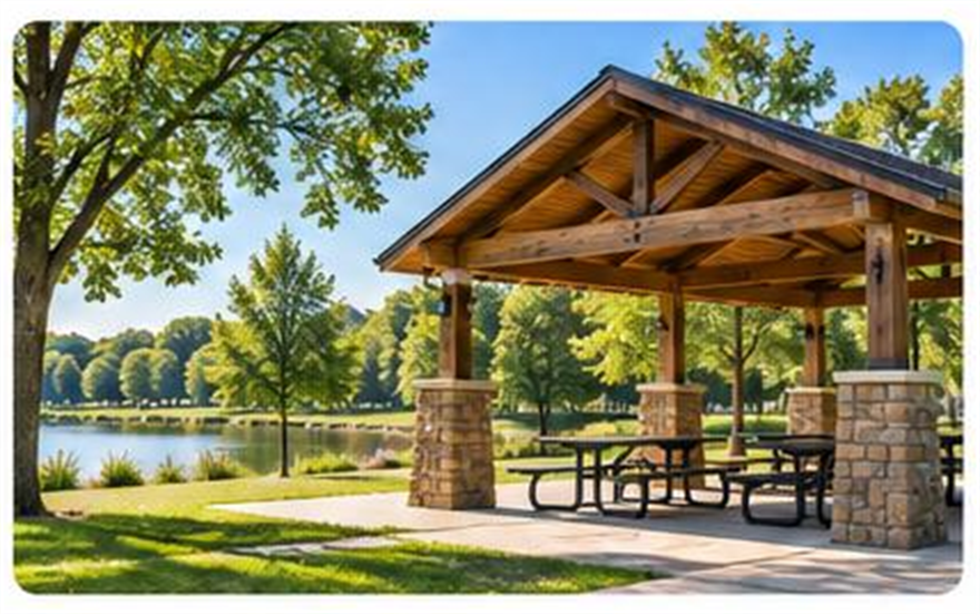 A lakeside picnic shelter with tables, beside a path through the park.