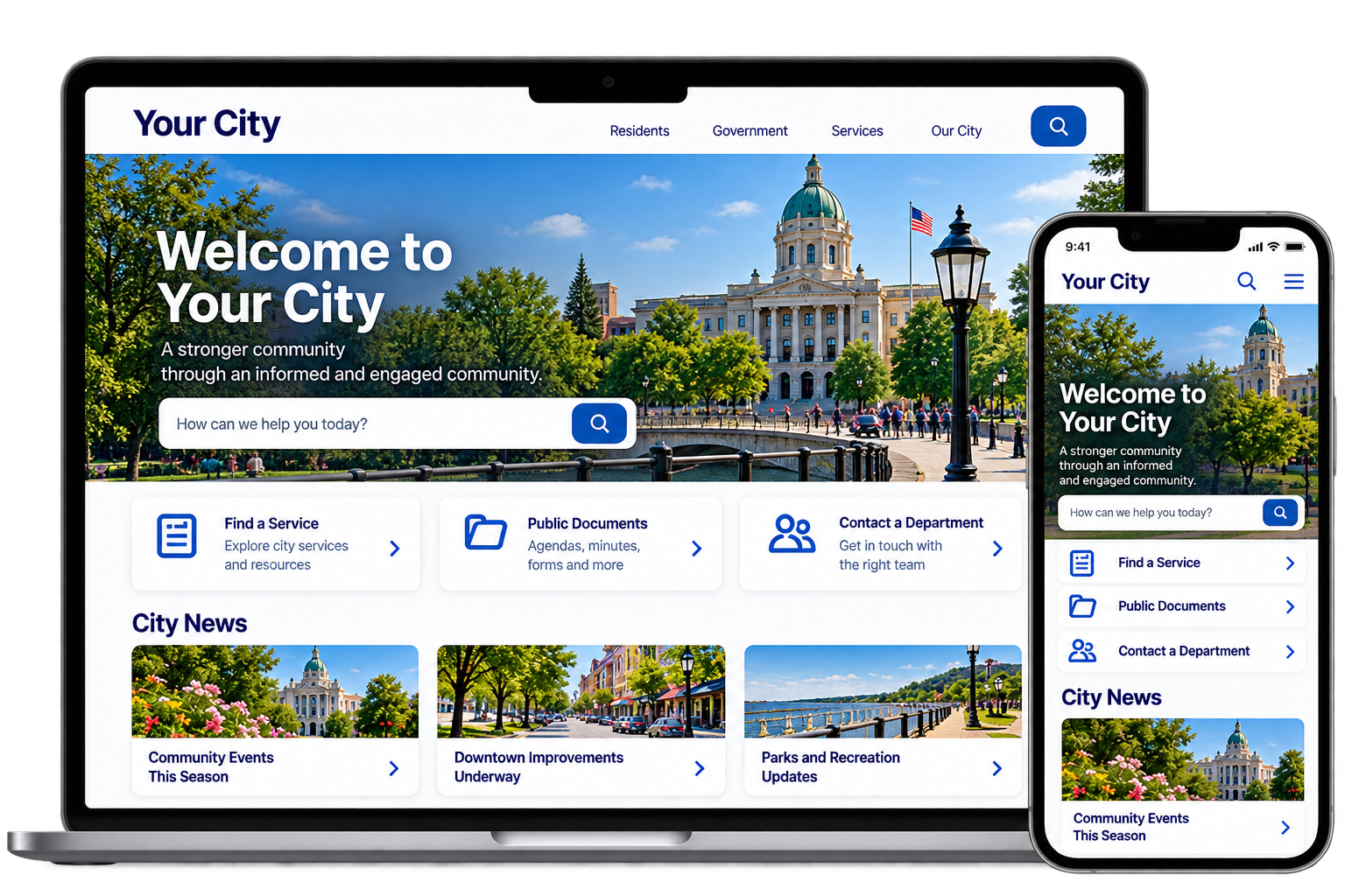 A city website on a laptop and a phone, with a welcome banner over a view of city hall, a “how can we help you today?” search and quick links to find a service, read public documents and contact a department, above a row of city news.