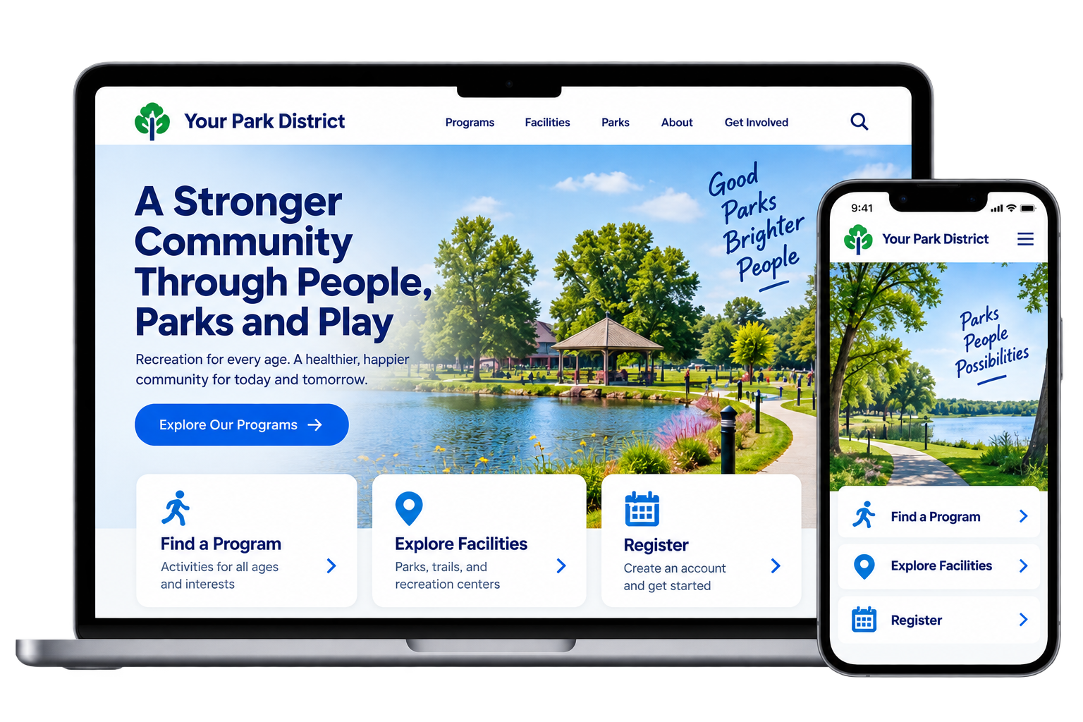 A park district website on a laptop and a phone, showing a community banner and quick links to find a program, explore facilities and register, against a photograph of a family walking a lakeside path.