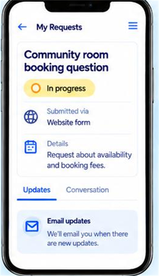 The resident portal on a phone showing the community room booking question with a status of in progress, the channel it was submitted through, the request details and a note that email updates will be sent.