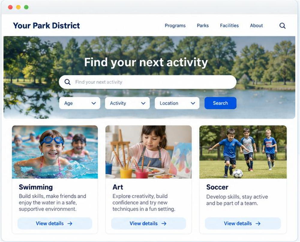 A park district website with a find-your-next-activity search, filters for age, activity and location, and cards for swimming, art and soccer programs, each with a link to view details.