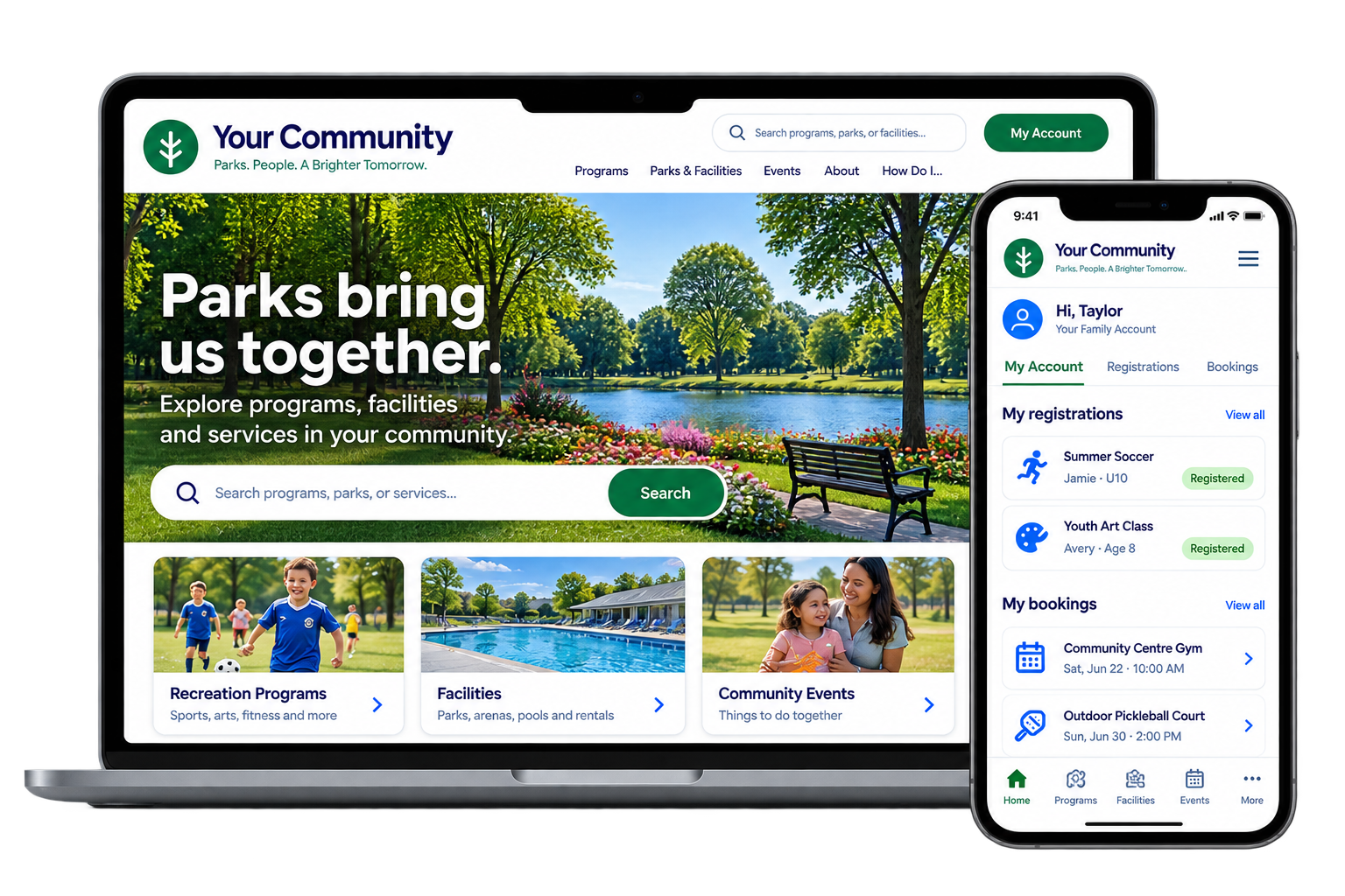 A community website showing a parks banner, a search for programs and cards for recreation programs, facilities and community events, beside a phone showing a family account with registrations for Summer Soccer and a youth art class and bookings for a community centre gym and a pickleball court.