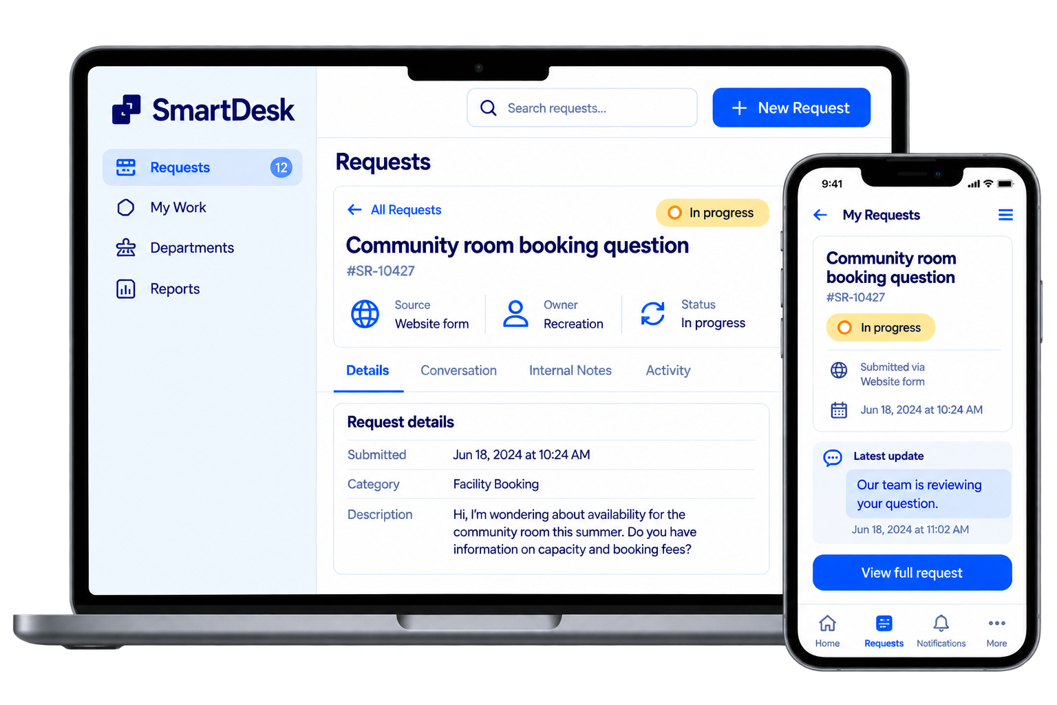 The SmartDesk workspace showing a community room booking question, with its source recorded as a website form, its owner as Recreation and its status as in progress, beside the same request in the resident portal showing the status and the latest update from the team.