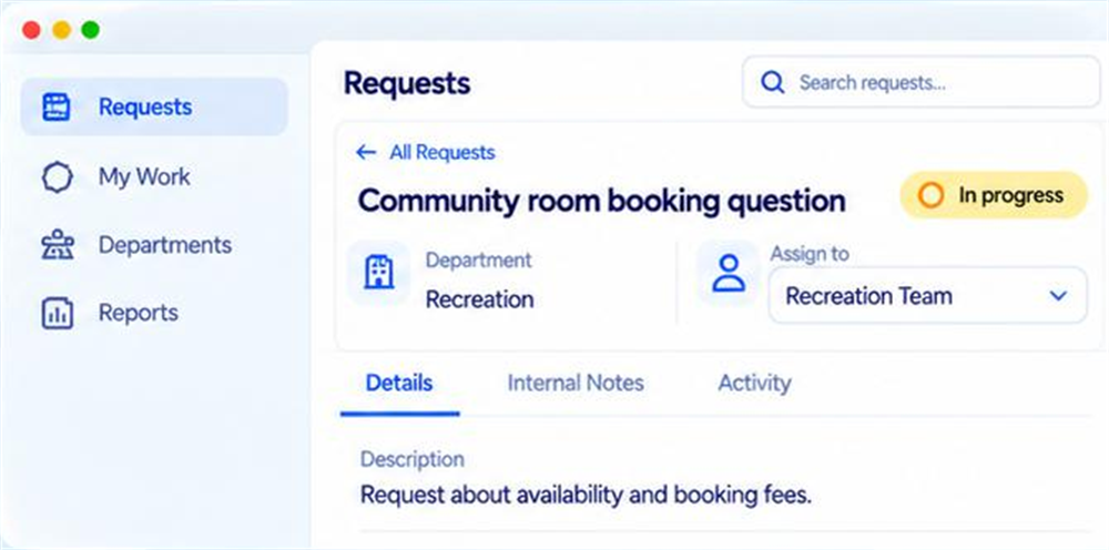 The staff view of the same request, owned by the Recreation department and assigned to the Recreation Team, with a status of in progress and tabs for details, internal notes and activity.