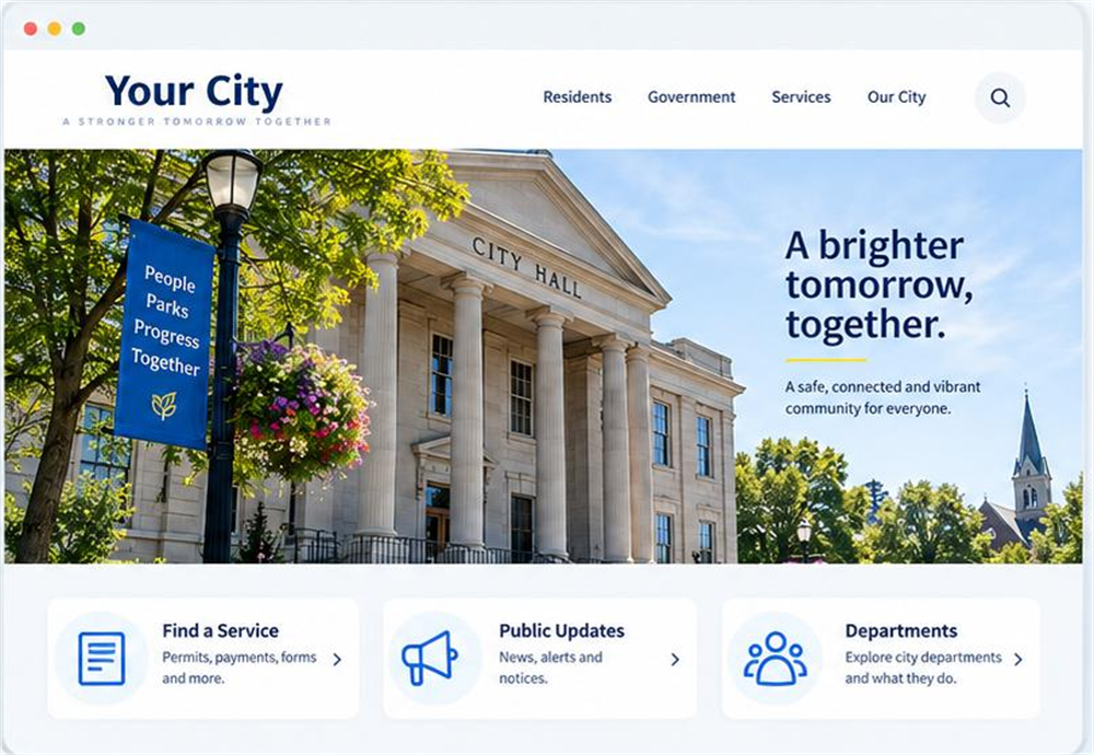 A city website showing a welcome banner over a photograph of city hall, with cards linking to find a service, public updates and departments.